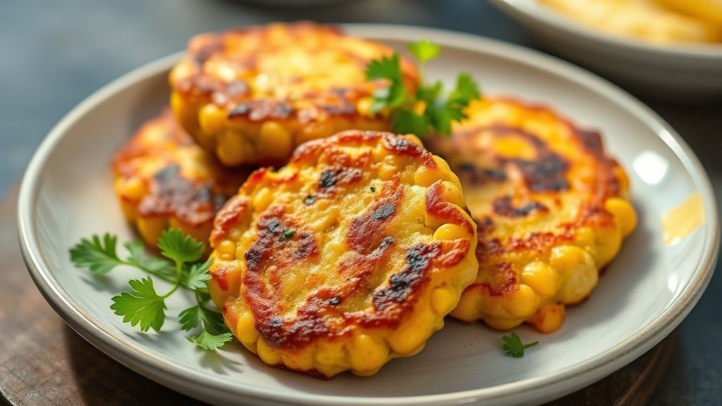 Bolinho salgado de milho crocante servido em prato rústico, dourado e apetitoso.