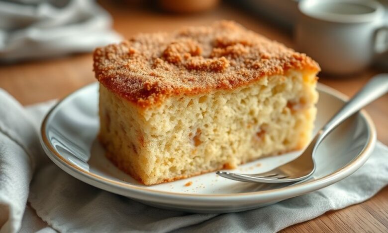 Bolo caseiro simples dourado, com fatias servidas e açúcar e canela polvilhados, em cenário de café da tarde