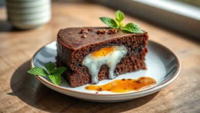 Bolo de chocolate macio e econômico, coberto com calda cremosa e servido em fatia sobre prato de sobremesa