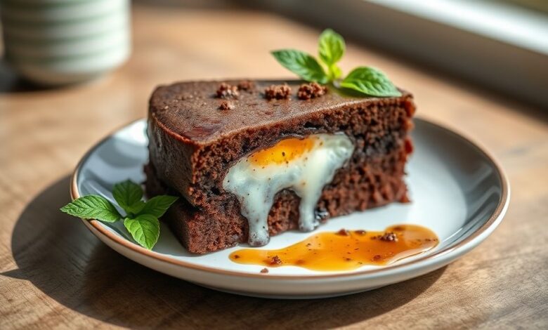 Bolo de chocolate macio e econômico, coberto com calda cremosa e servido em fatia sobre prato de sobremesa