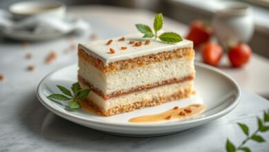 Bolo cremoso simples dourado, com casquinha crocante e interior macio servido em prato branco sobre toalha de linho