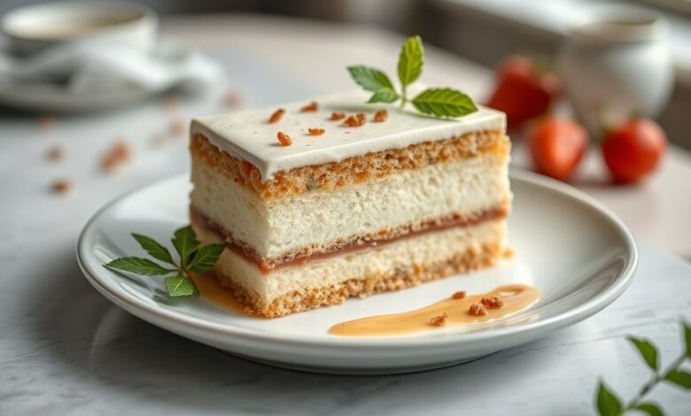 Bolo cremoso simples dourado, com casquinha crocante e interior macio servido em prato branco sobre toalha de linho