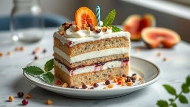 Bolo de aniversário de liquidificador pronto, coberto com brigadeiro e confeitos coloridos, sobre mesa decorada de festa