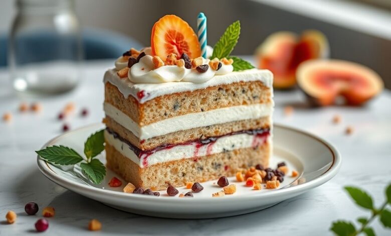 Bolo de aniversário de liquidificador pronto, coberto com brigadeiro e confeitos coloridos, sobre mesa decorada de festa
