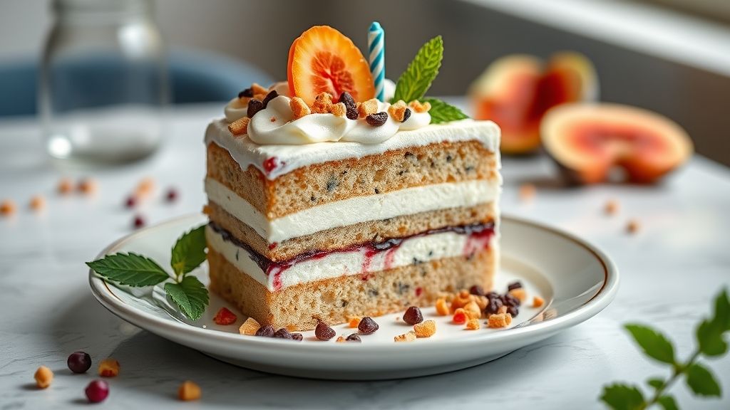 Bolo de aniversário de liquidificador coberto com brigadeiro cremoso e confeitos coloridos, pronto para servir em festa