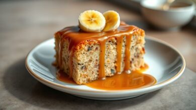 Bolo de banana com calda de caramelo dourada e brilhante, servido em fatias, aparência caseira e apetitosa