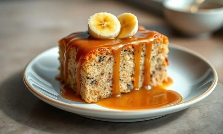 Bolo de banana com calda de caramelo dourada e brilhante, servido em fatias, aparência caseira e apetitosa