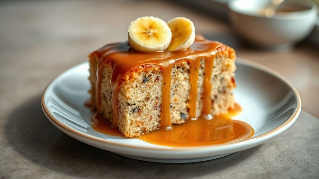 Bolo de banana com calda de caramelo dourado e brilhante, servido em fatias sobre prato branco