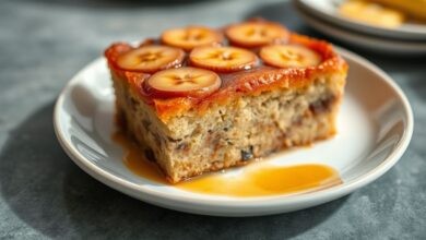 Bolo de banana invertido pronto, dourado e brilhante com bananas caramelizadas por cima, servido em prato branco elegante