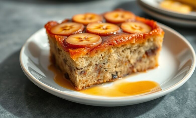 Bolo de banana invertido pronto, dourado e brilhante com bananas caramelizadas por cima, servido em prato branco elegante