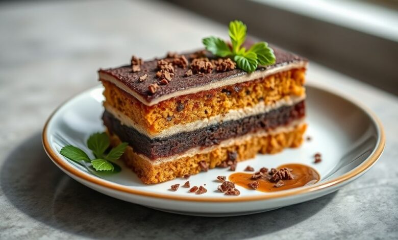 Bolo de cenoura fofinho com cobertura de chocolate crocante, brilhante e dourado, servido em prato de sobremesa