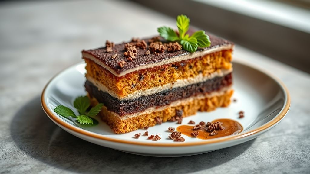 Bolo de cenoura com casquinha de chocolate crocante, fofinho e bem dourado, servido em prato decorado