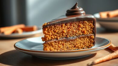 Bolo de cenoura com cobertura de chocolate cremosa e brilhante, cortado e servido de forma apetitosa
