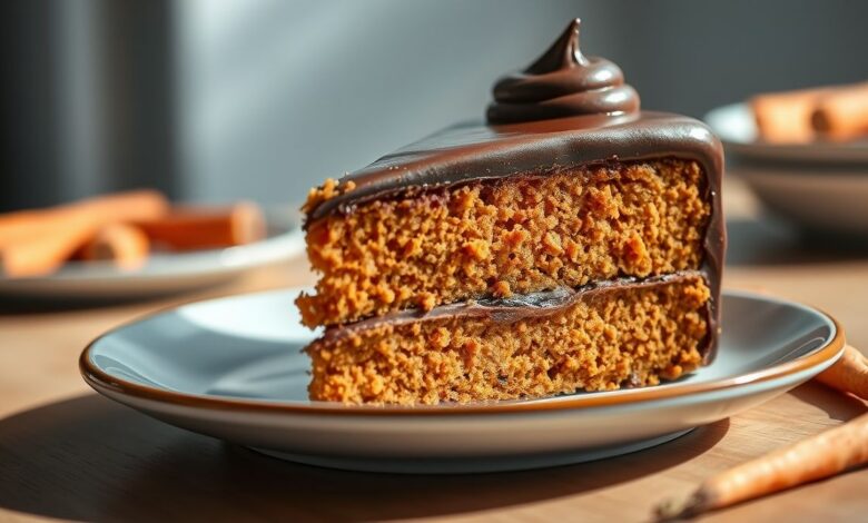 Bolo de cenoura com cobertura de chocolate cremosa e brilhante, cortado e servido de forma apetitosa