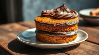 Bolo de cenoura dourado e fofo com cobertura de chocolate brilhante servido em um prato elegante