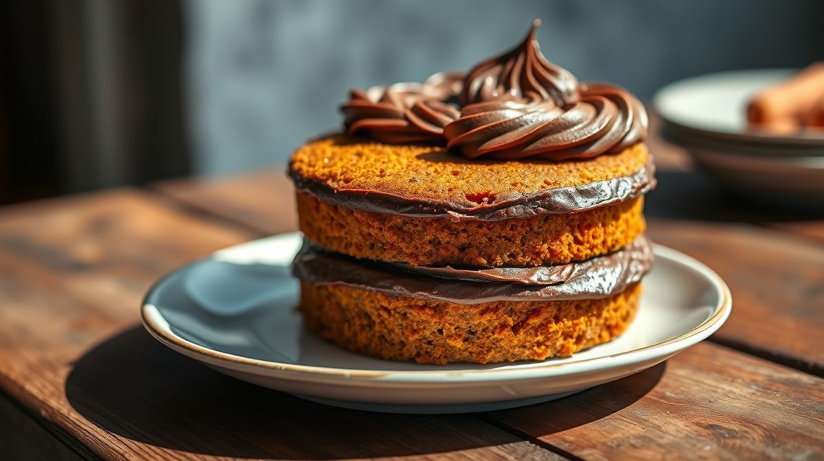 Fatia de bolo de cenoura fofinho com 3 ovos coberto com calda brilhante de chocolate sobre prato branco.