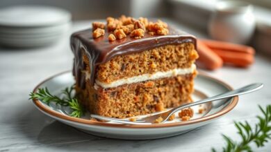 Bolo de cenoura fofinho coberto por calda de chocolate brilhante e espessa, servido em fatias sobre prato branco com xícara de café ao fundo
