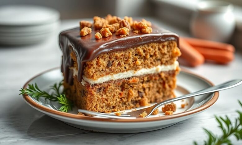 Bolo de cenoura fofinho coberto por calda de chocolate brilhante e espessa, servido em fatias sobre prato branco com xícara de café ao fundo