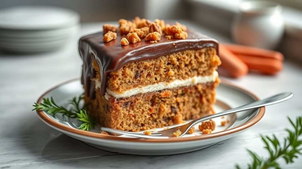 Bolo de cenoura fofinho com cobertura de chocolate cremosa servido em fatias sobre prato branco