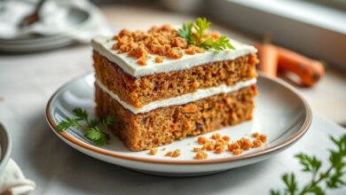 Bolo de cenoura sem farinha e sem açúcar pronto, dourado, úmido e coberto com calda leve de cacau