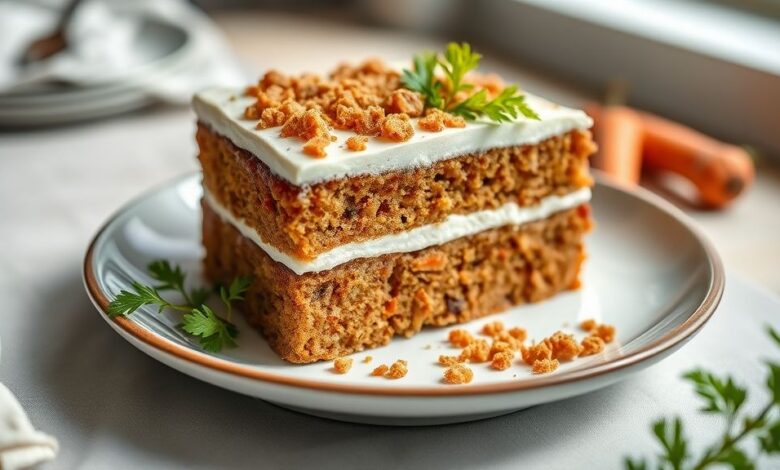Bolo de cenoura sem farinha e sem açúcar pronto, dourado, úmido e coberto com calda leve de cacau