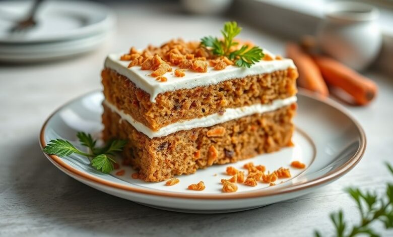 Bolo de cenoura sem óleo dourado, fofinho e coberto por calda de chocolate, servido sobre prato rústico