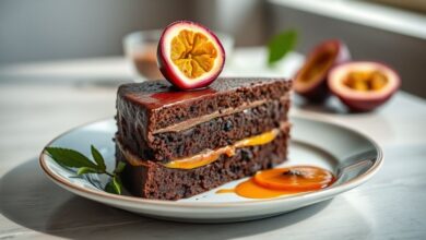 Bolo de chocolate recheado com creme de maracujá e cobertura de ganache, decorado com sementes da fruta e visual apetitoso