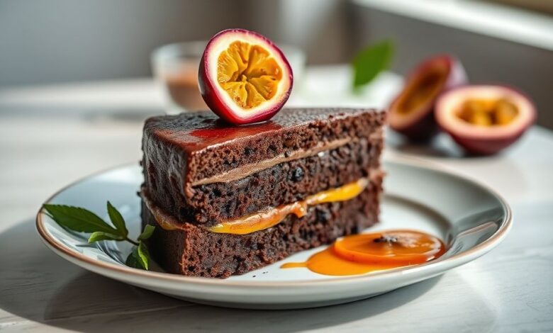 Bolo de chocolate recheado com creme de maracujá e cobertura de ganache, decorado com sementes da fruta e visual apetitoso