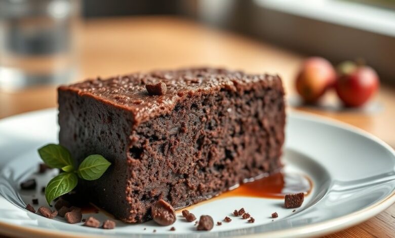 Bolo de chocolate molhadinho inteiro com cobertura brilhante, fatia cortada destacando o interior úmido