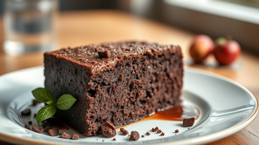 Bolo de chocolate molhadinho com calda brilhante e textura macia, servido em prato branco