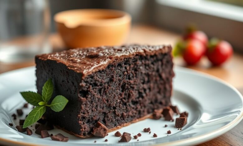 Bolo de chocolate escuro e úmido, coberto com calda brilhante e servido em prato rústico.