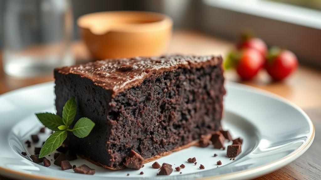 Bolo de chocolate pretinho e molhadinho fatiado, com cobertura brilhante e textura úmida irresistível.