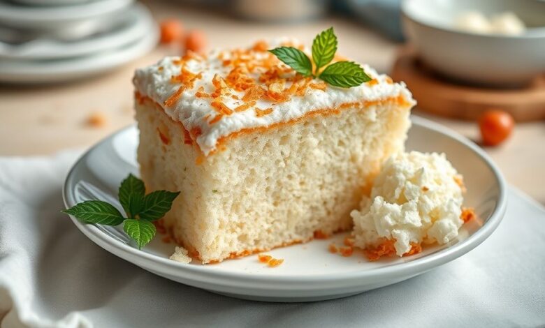 Bolo de coco gelado com textura úmida e cobertura de coco ralado, servido em pedaços apetitosos