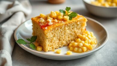 Bolo dourado e fofinho, recém-saído do forno, servido em prato decorado com açúcar e canela.