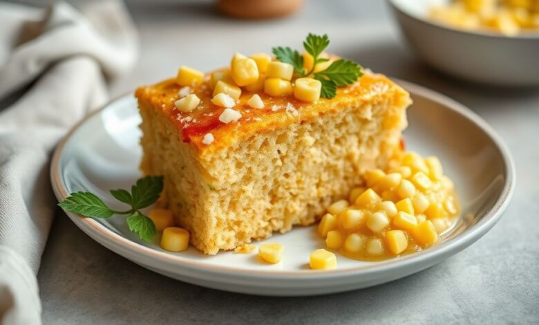 Bolo dourado e fofinho, recém-saído do forno, servido em prato decorado com açúcar e canela.