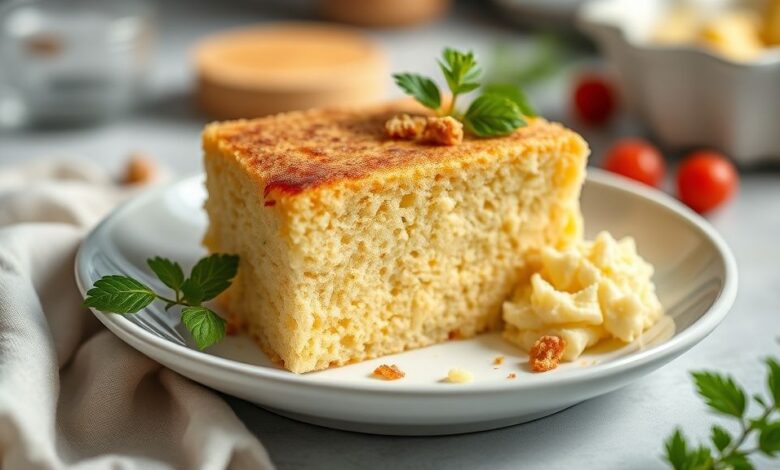 Bolo de fubá cremoso dourado e irresistível, servido em prato branco com textura suave e camada cremosa visível