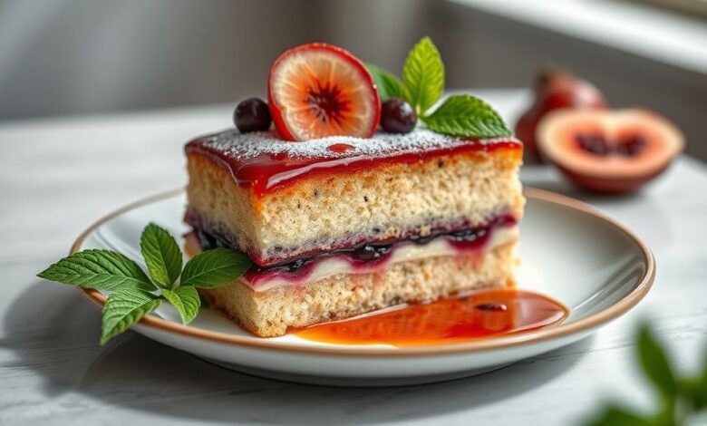 Bolo de jabuticaba pronto, de cor rosada e textura fofa, servido em prato de sobremesa com café.