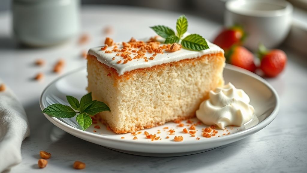 Bolo de leite mole cremoso e dourado, servido em fatias em prato branco, mostrando textura macia e brilho no topo