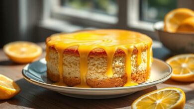 Bolo de limão fofinho e úmido, coberto com creme de limão e raspas, servido em fatias sobre prato branco