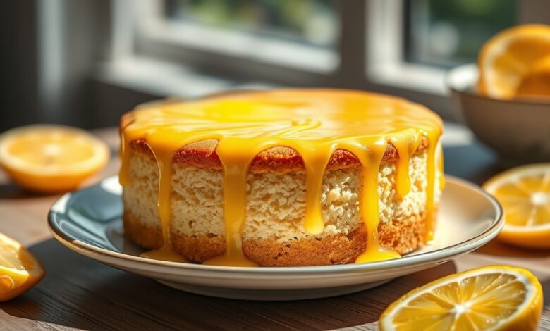 Bolo de limão fofinho e úmido, coberto com creme de limão e raspas, servido em fatias sobre prato branco