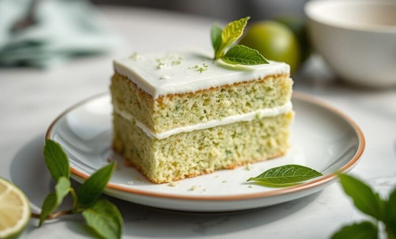 Bolo de limão verde fofinho coberto com creme branco e raspas de limão, servido em prato elegante