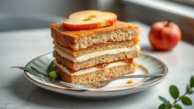 Bolo de maçã em camadas dourado, macio, com canela polvilhada, servido em uma mesa aconchegante
