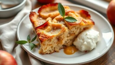 Bolo dourado, macio e úmido de maçã preparado na frigideira, servido morno com fatias finas de maçã e toque de canela