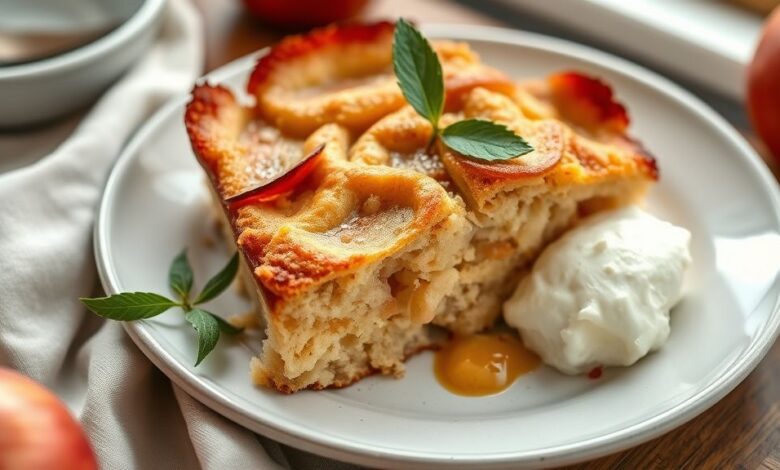 Bolo dourado, macio e úmido de maçã preparado na frigideira, servido morno com fatias finas de maçã e toque de canela