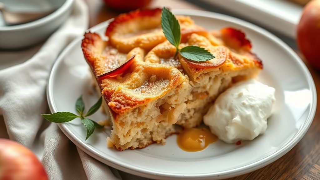 Bolo dourado, macio e úmido de maçã preparado na frigideira, servido morno com fatias finas de maçã e toque de canela