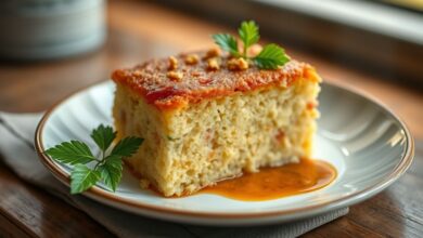 Bolo de mandioca da roça dourado, úmido e rústico, servido em fatias sobre prato de cerâmica com fundo campestre