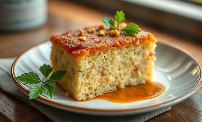Bolo de mandioca da roça dourado, úmido e rústico, servido em fatias sobre prato de cerâmica com fundo campestre
