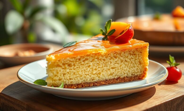 Bolo de mandioca cremoso, dourado e apetitoso servido em prato branco, com textura úmida e coco ralado sobre o topo.