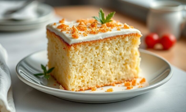 Bolo dourado e macio, servido em prato rústico com uma fatia cortada e textura leve visível