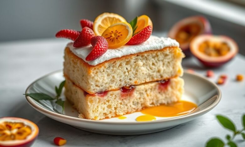 Bolo de maracujá fofinho com calda de sementes douradas escorrendo, visual leve e apetitoso